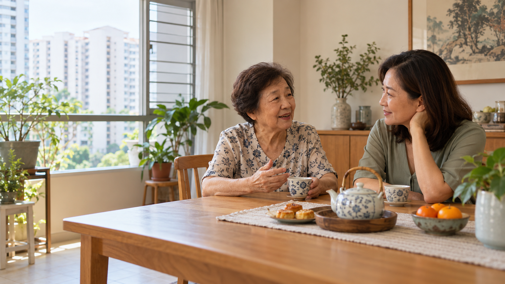 An older woman and her daughter talking over tea at the dining table at home