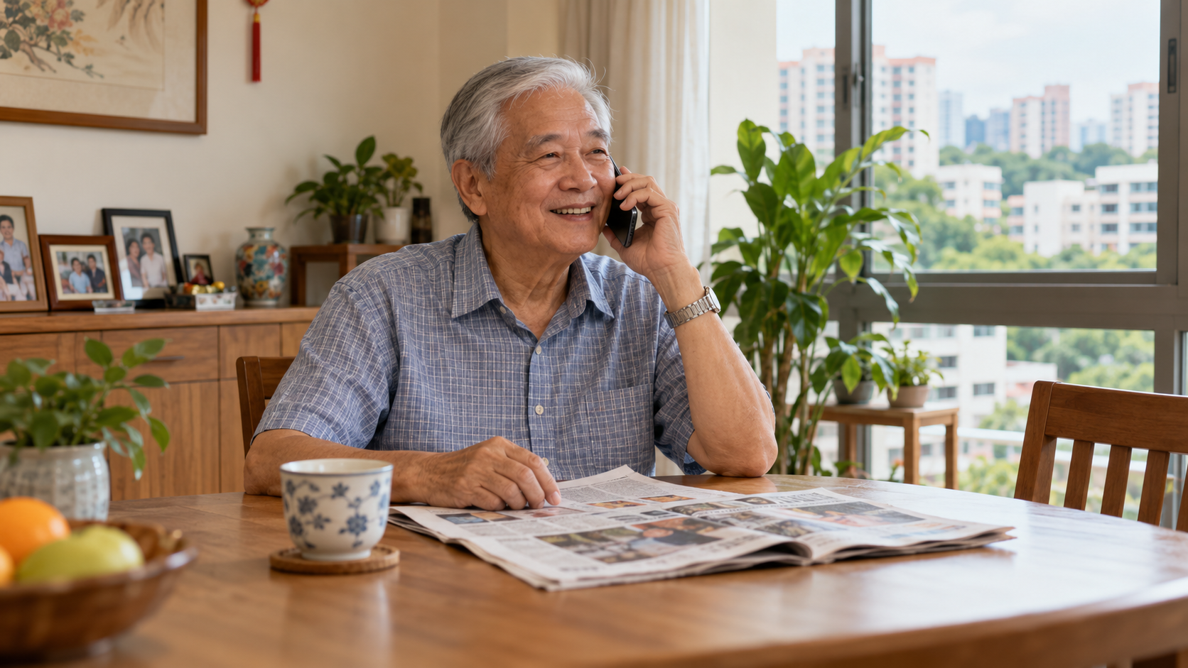 An older man smiling during a phone call at his dining table